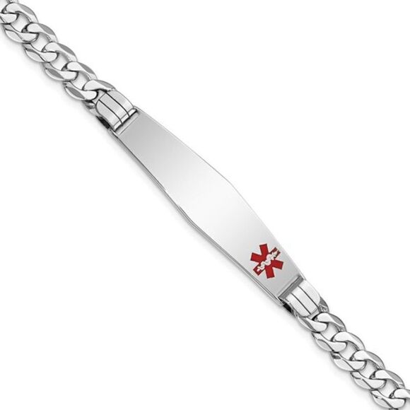 14K White Gold Medical Soft Diamond Shape Red Enamel Flat Curb Link ID Bracelet - Picture 3 of 5